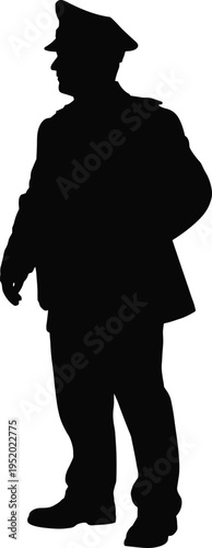 Police officer silhouette standing in uniform with cap, law enforcement security guard figure isolated, authority profession symbol, vector illustration