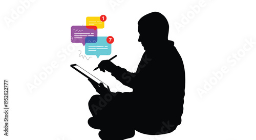 Silhouette of a person sitting cross-legged, interacting with a tablet and stylus, surrounded by colorful chat bubble notifications, representing digital communication and social media