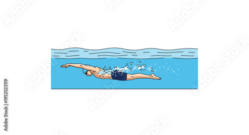A male swimmer performs the crawl stroke underwater in a blue swimming pool with bubbles.