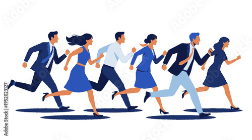 Business professionals in a competitive race running together in office attire conveying teamwork and urgency
