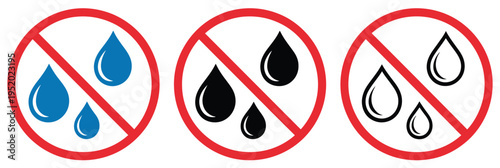 No water-resistant icon, water droplet with prohibition mark, indicating restricted contact with water, non-waterproof product, and caution for liquid exposure vector