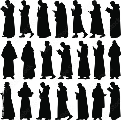 Monk priest silhouette set praying reading book religious people walking spiritual clergy figures collection, cad drawing flat vector illustration