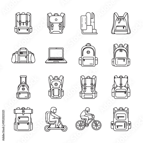 Collection of Backpacks Duffel Bag Laptop Scooter and Bicycle IconsLine Art
