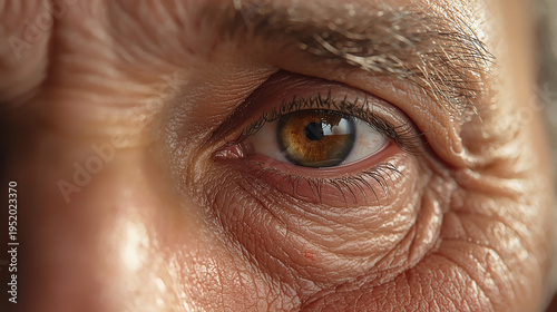 Old Age Eye Detail. Realistic close-up image of an elderly eye with deep wrinkles and textured skin, natural color tones, soft natural light creating shadows and depth, emotional storytelling expressi