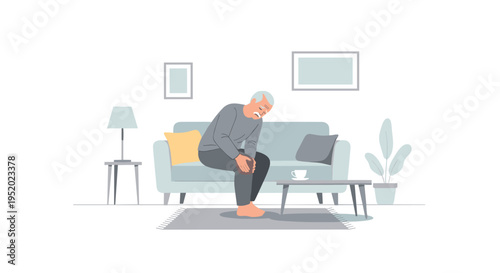 An elderly man is sitting on a light blue sofa in a living room, holding his right knee in evident pain.