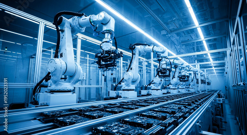 Industrial robotic arms precisely manufacturing electronic components on a modern automated assembly line in a factory.