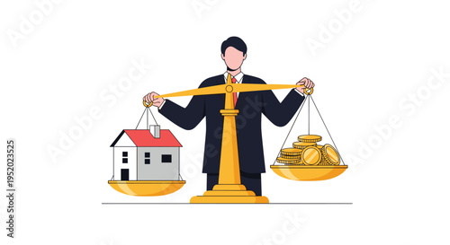 A businessman in a suit holds a golden balance scale with a house on one side and a stack of gold coins on the other, against a white background.