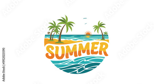 A half-circle illustration shows a beach with palm trees, ocean waves, and a sunset, with the word SUMMER in the center, against a white background.