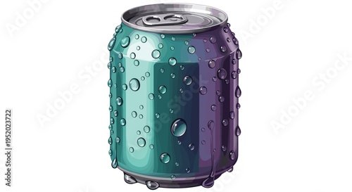 A chilled aluminum beverage can with teal and purple gradient is covered in water droplets on a white background.