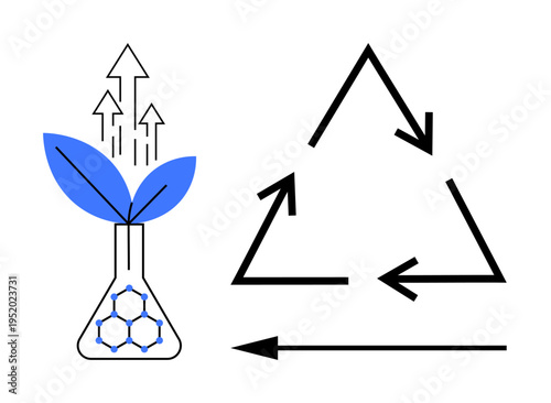 Sustainability concept. Sustainability illustrated with plant growth emerging from a chemical flask and recycling arrows. Sustainability s eco-friendly development and resource management