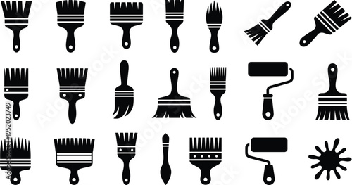 Paint brush and roller icon set, painting tools silhouette collection home renovation vector illustration