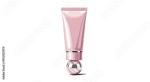 A single pink cosmetic tube with a silver cap balances on a reflective silver sphere against a white background.
