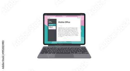 A modern tablet with a keyboard case displays a mobile office application on a white background.