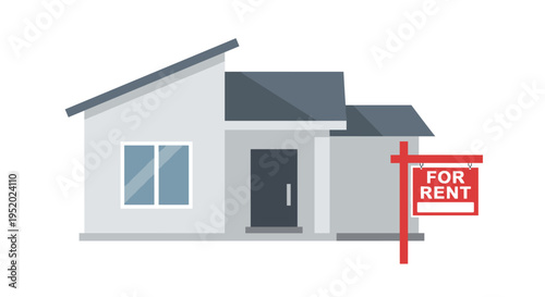 A modern single-story house with a grey roof and a red FOR RENT sign stands against a white background.