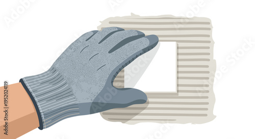 A gloved hand holds against a textured grey wall with a white square opening on a white background.