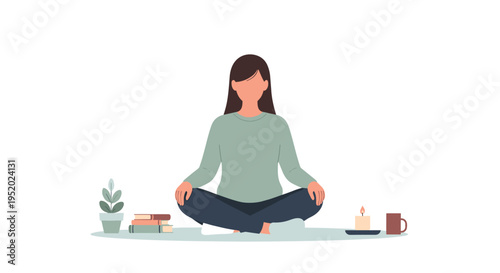 A woman with long dark hair sits cross-legged on the floor in a meditative pose surrounded by objects.