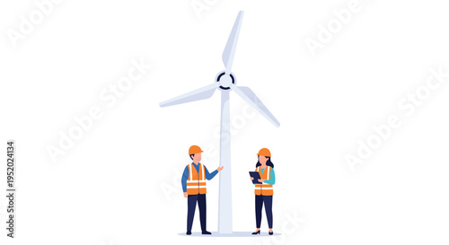 Two engineers in safety gear inspect a large white wind turbine on a clean white background.