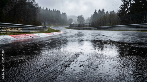 Wet Race Track Reflections Under Cloudy Skies on a Gloomy Day