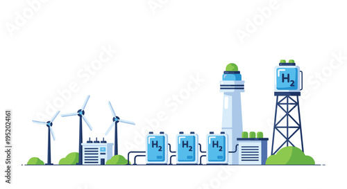 A hydrogen production facility with wind turbines, blue storage tanks, and towers stands on green ground.