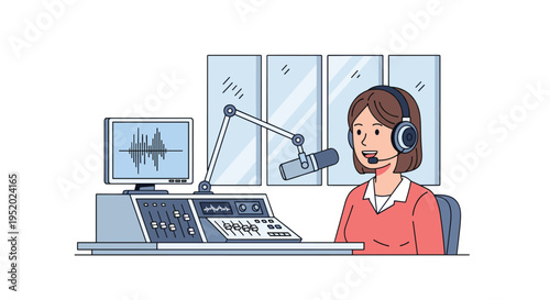 A female radio host with headphones and a microphone speaks at a desk with a monitor and sound mixer in a studio.