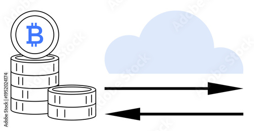 Cryptocurrency, blockchain, fintech, cloud storage, data transfer, digital banking. A stack of bitcoin coins with arrows pointing to a cloud. Cryptocurrency and blockchain technology concept