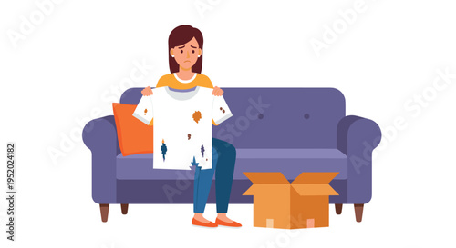 A sad woman sits on a purple sofa holding a white t-shirt with multiple stains next to an open cardboard box.