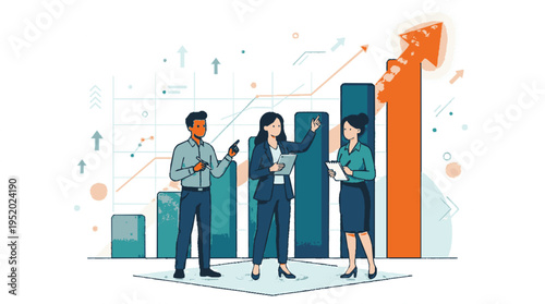 Modern vector illustration of diverse business team analyzing productivity growth graph