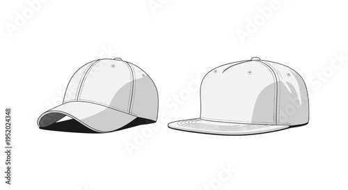 Two plain white baseball caps, one with a curved brim and one with a flat brim, are displayed on a white background.