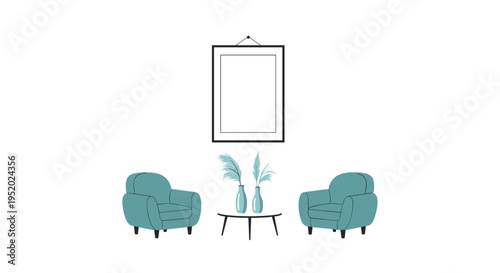 Two teal armchairs flank a small round coffee table with vases under a blank black-framed picture on a white wall.