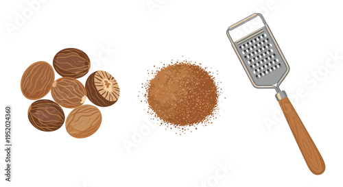 Whole nutmeg seeds are arranged next to a pile of ground nutmeg and a silver box grater with a wooden handle.