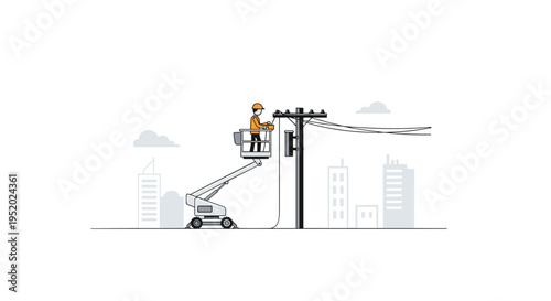 A utility worker in a cherry picker is actively working on a power pole with wires in a minimalist city landscape.