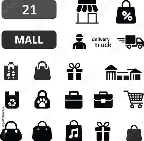 Shopping mall and retail service icons set including store delivery truck bags gifts and cart symbols, modern commerce concept, vector illustration