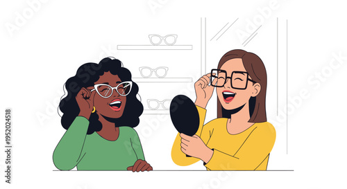 Two women are trying on different styles of eyeglasses in an optical shop.