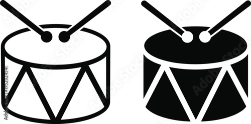 Snare drum with drumsticks icon set, marching band percussion instrument symbols in outline and solid style isolated, vector illustration