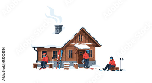Three skiers are relaxing outside a snow-covered wooden cabin on a bright winter day.