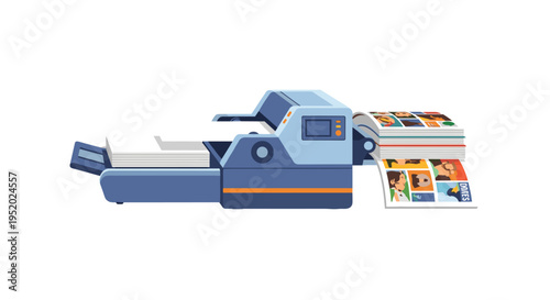 A blue and gray bookbinding machine is collating and binding multiple pages into finished magazines or books with colorful covers.