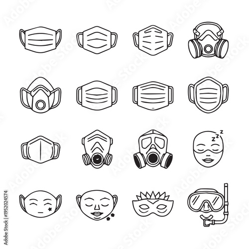 Collection of Diverse Face Masks and Respirator Icons Vector Line Art