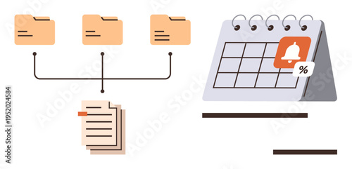 Time management, organization, productivity, planning, reminders, deadlines. Linked folders, documents and a calendar with a reminder notification. Time management and organization
