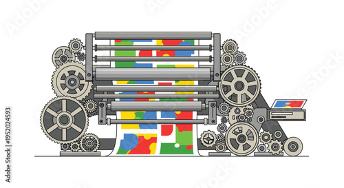 A complex industrial printing press with numerous gears and rollers is actively printing a colorful abstract pattern onto a continuous paper sheet.