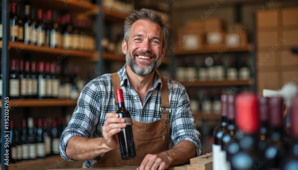Fototapeta premium Smiling man in apron holds wine bottle. Shelves with bottles in winery background. Man prepares drinks for sale, distribution, and export. Local business owner happy with product.
