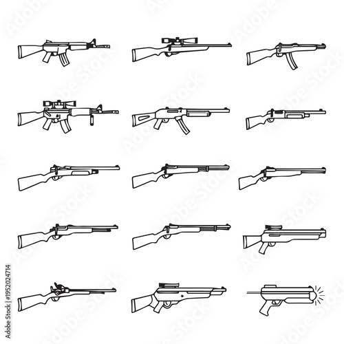 Collection of diverse rifle and shotgun outlines on white background