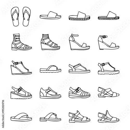Collection of diverse sandal and flip-flop footwear outlines minimalist line art