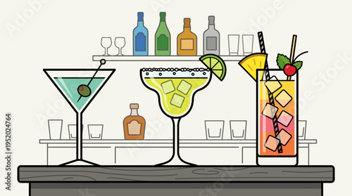 Cocktails on a bar counter display.
