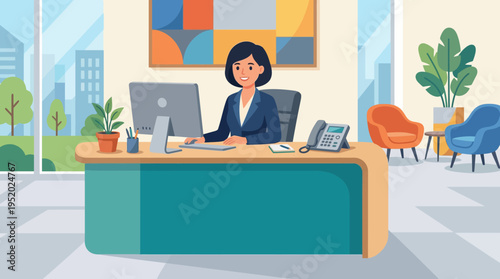 Businesswoman sitting at office desk.