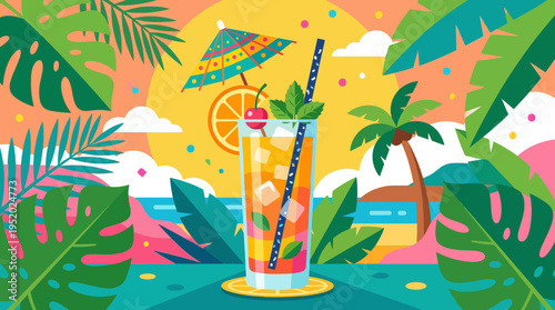 Colorful Cocktail Drink with Straw.