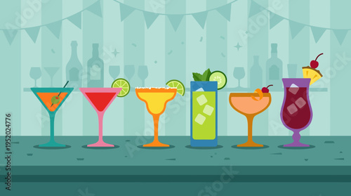 Colorful cocktails on a bar counter.