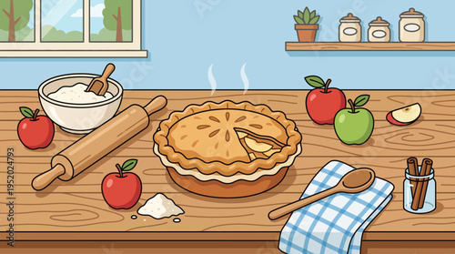 Delicious homemade apple pie on table.