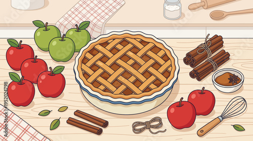 Delicious homemade apple pie with ingredients.
