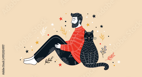 Man and cat relaxing together, cozy companionship lifestyle illustration