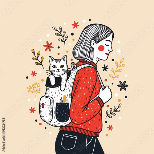 Woman carrying cat in backpack, pet friendly lifestyle illustration